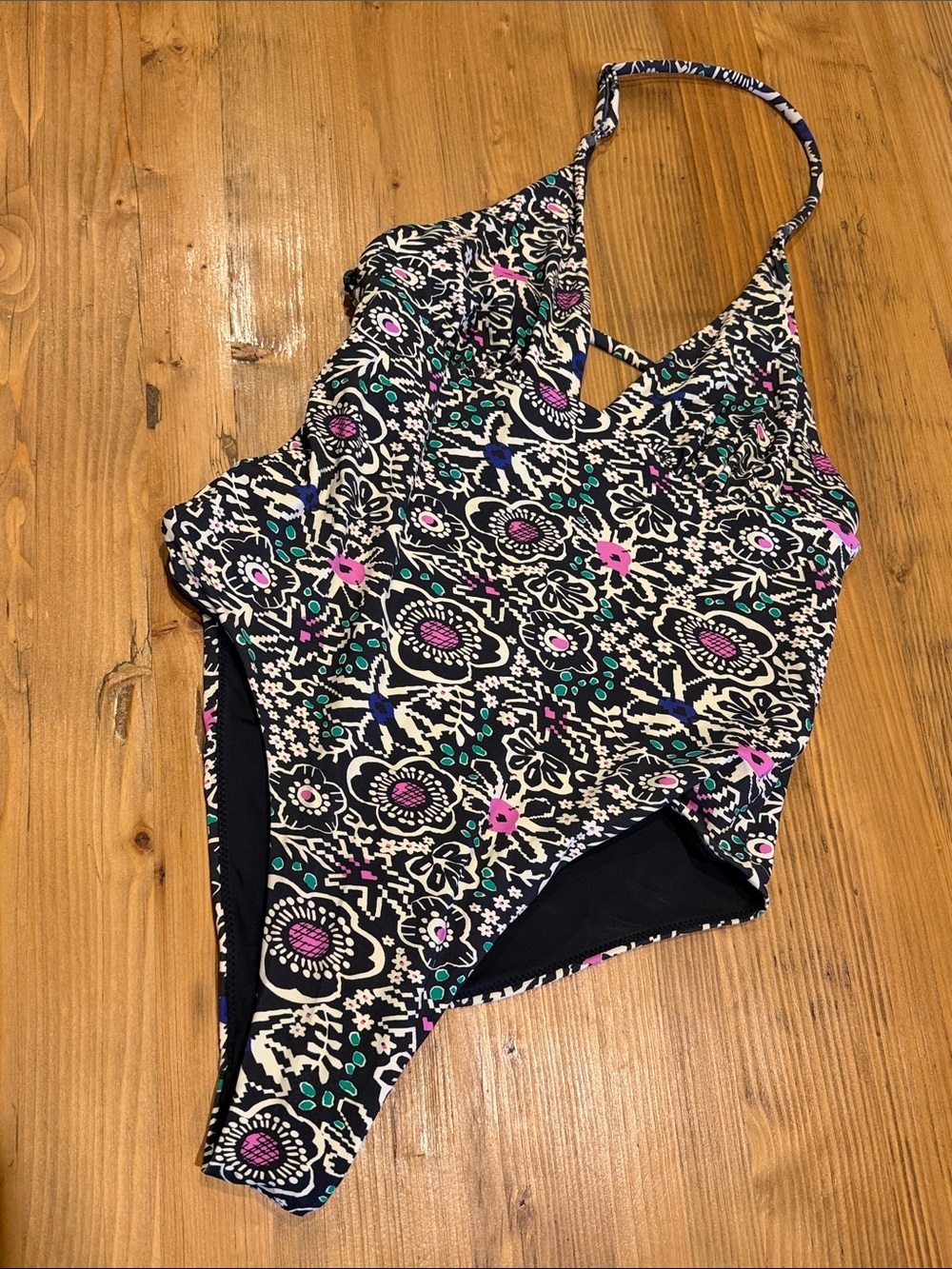 Marine Layer M Plunge Black Floral One-Piece Swimsuit with Pink & Teal Accents